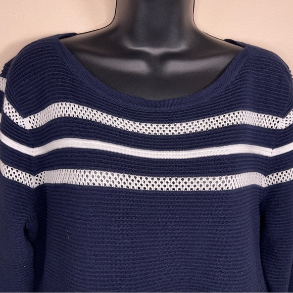 LARGE CHRISTOPHER AND BANKS NAVY BLUE WHITE KNIT TOP SWEATER COASTAL PREPPY - Picture 5 of 10